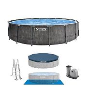 Intex 26742 Каркасный бассейн Prism Frame 457х122см "Greywood" 16805л, фил.-насос 3785л\ч, лестница, тент, подстилка